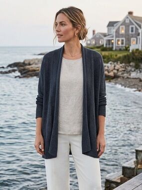J. Jill Navy Charcoal Linen Blend Open Front Cardigan Med Petite-Coastal Beachy